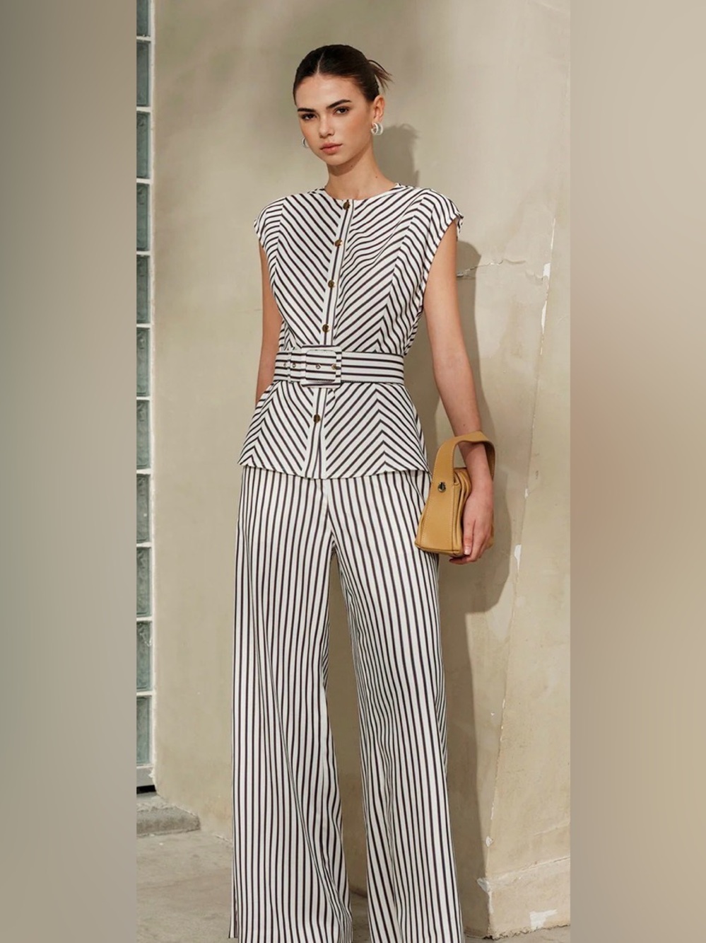 Commense Black & White Striped Shirt with belt and Wide-Leg pants (2 piece set)